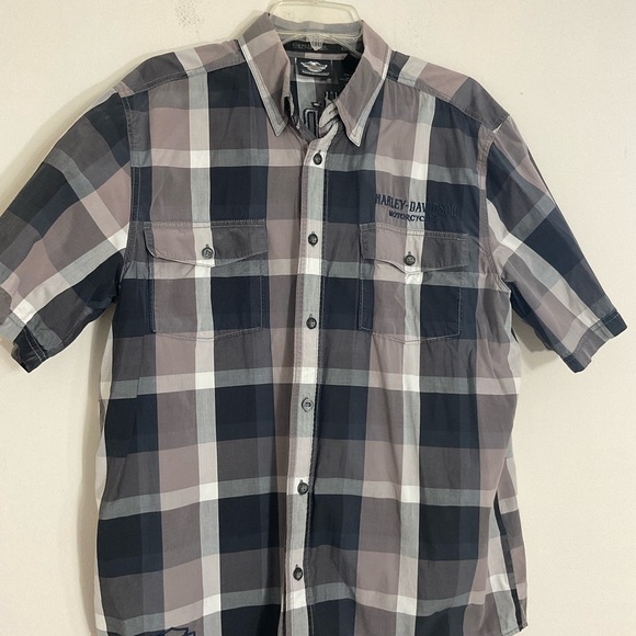Harley Davidson Genuine Short Sleeve Cotton Button Down Shirt Gray Size Large - Picture 3 of 10
